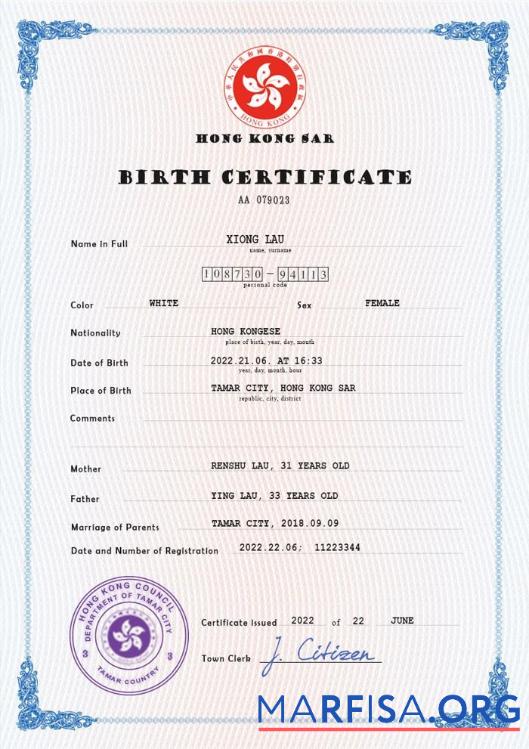 Downloadable Hong Kong vital record birth certificate PSD template